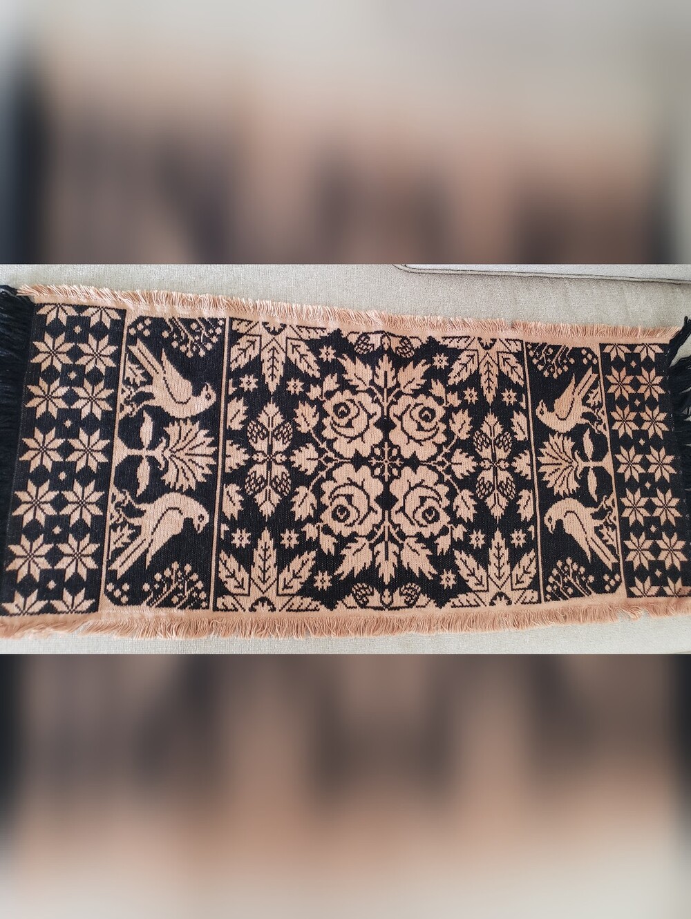 Handwoven Bird & Floral Tapestry Runner in Black and Tan